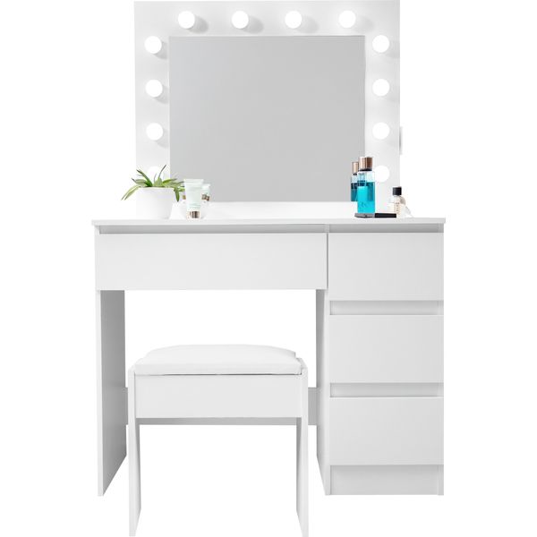 Aga Tavolo Da Toeletta Con Specchio, Illuminazione Ed El.Presa + Sgabello Bianco Opaco-image