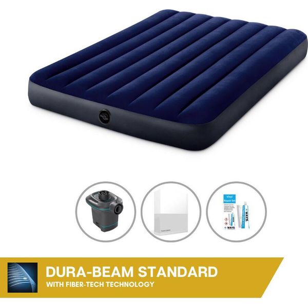 Letto Gonfiabile Intex - 2 Persone - 137 X 191 X 25 Cm - Blu + Pompa Elettrica Intex - 650 Litri/Min + Lenzuola Bianche + Kit Di Riparazione-image