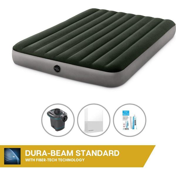Letto Gonfiabile Intex - 2 Persone - 152 X 203 X 25 Cm - Verde + Pompa Elettrica Intex - 650 Litri/Min + Lenzuola Bianche + Kit Di Riparazione-image