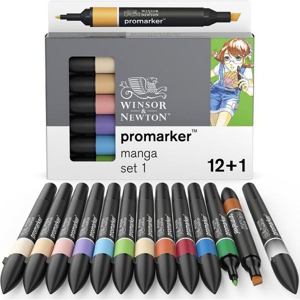 Winsor & Newton 0290139 Promarker, Pennarello Professionale Per Layout - 2 Punte, Fine E Larga Per Disegni, Progettazione E Layout - Set Di 13 Colori - Manga 1-image