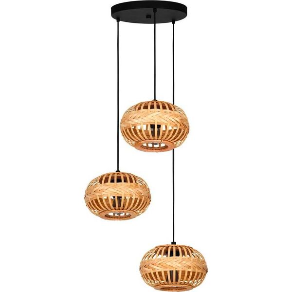 Nature Lampada A Sospensione Amsfield 1 Acciaio Nero, Legno Naturale E27 3X40W H:110Cm Ø48Cm Dimmerabile-image