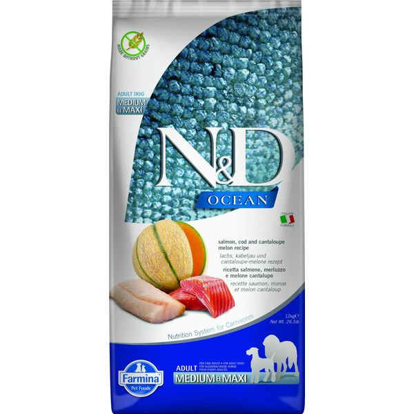 Farmina N&D Ocean Dog Salmone, Merluzzo, Cantalupo, Melone Adult Medium&Maxi - Cibo Secco Per Cani - 12 Kg-image