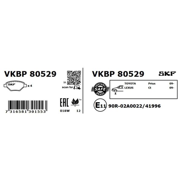 Set Pastiglie Freno Anteriori Skf Per Toyota Prius (ZVW3) Vkbp 80529-image