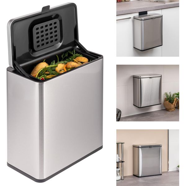 B-Goods Eluno Bidone Per Rifiuti Organici 6L Con Filtro Antiodore, Da Appendere, Appoggiare O Incollare, Bidone Per Compost, 3 Opzioni Di Montaggio, Acciaio Inox-image