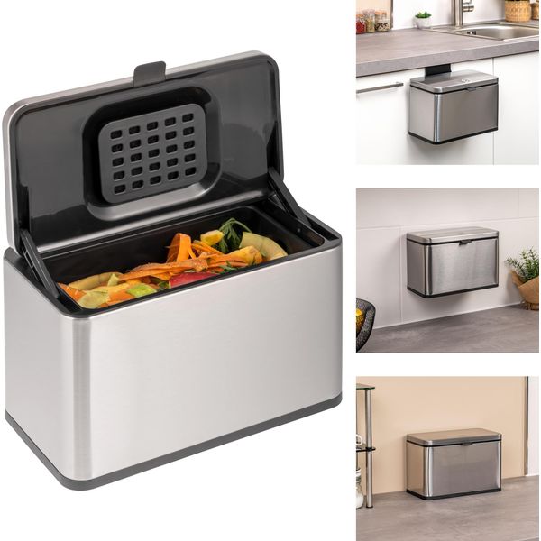 Bidone Per Rifiuti Organici Eluno 3L Con Filtro Antiodore, Bidone Per Compost, 3 Opzioni Di Montaggio, Acciaio Inox-image