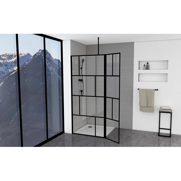Schermo Doccia Marwell Dal Design Moderno 90+40 X 195 Cm Con Staffa A Soffitto - Doccia In Vetro Con Profilo A Parete Nero Opaco - Vetro Di Sicurezza Temprato Per La Massima Sicurezza - Installazione Su Piatto Doccia O Piastrelle-image