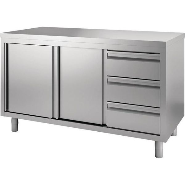 Armadio Da Lavoro Gastro M 1400X700X880 Mm Con 3 Cassetti E 2 Ante Scorrevoli-image
