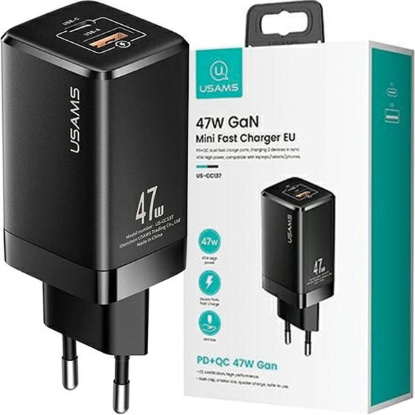 Usams ŁAd. Siec. T41 Usb-C+Usb Gan 47Wpd+Qc (Solo Testa) Ricarica Rapida Czarny/Nero Cc137Tc01 (Us-Cc137)-image