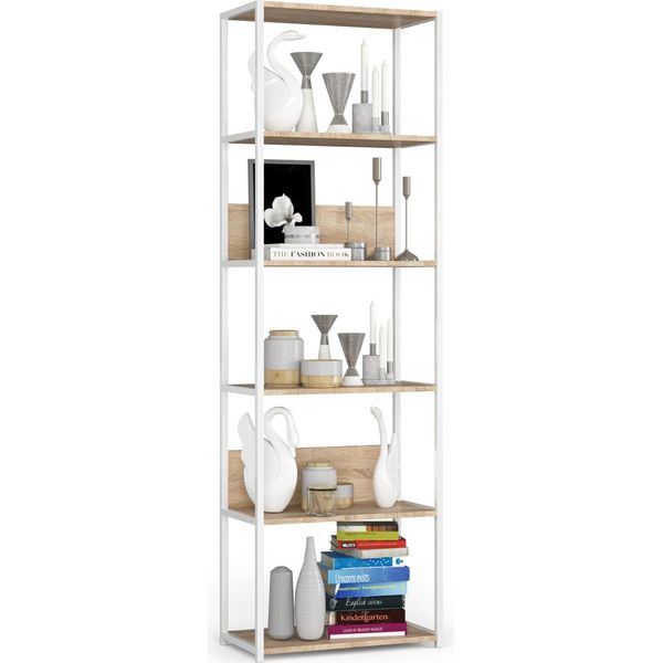 Mensola In Metallo Loft 600 Bianca/Sonoma Rovere Con 6 Ripiani Per Soggiorno E Ufficio-image