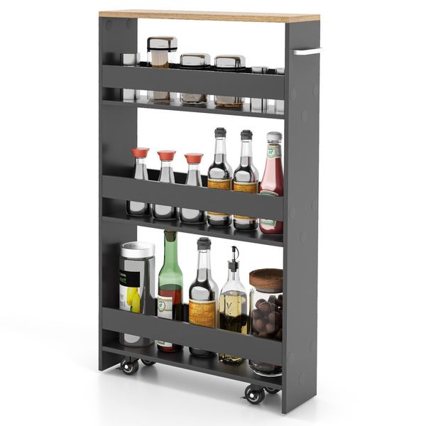 Costway Carrello Da Nicchia Largo 13 Cm, Carrello Da Cucina Stretto A 4 Ripiani, Scaffale Da Nicchia Su Ruote, Carrello Da Portata, Scaffale Da Bagno In Legno, 47,5X13X80,5 Cm, Grigio+Naturale-image