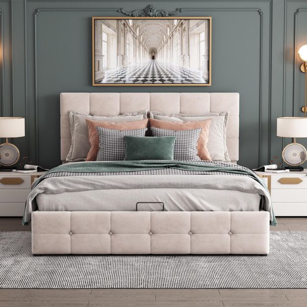 Letto Imbottito Sweiko Letto Contenitore Idraulico Con Testata Regolabile In Altezza E Rete A Doghe In Metallo, Matrimoniale, Velluto, Bianco Panna 140X200 Cm (Senza Materasso)-image