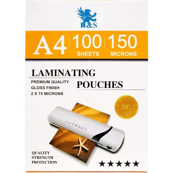 Pellicole Di Laminazione H&S A4-100 Pezzi X Din A4 - Pellicola Di Laminazione Lucida E Trasparente - Qualità Artistica 150 Micron (2X 75 Micron) - Set Di Pellicole Di Laminazione Senza Bolle D'aria-image
