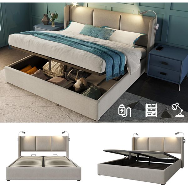 Letto Imbottito Sweiko Letto Matrimoniale Con Luce Di Lettura E Funzione Di Ricarica Usb, Letto Contenitore Con Testata E Rete A Doghe, Similcuoio Beige 160X200Cm (Senza Materasso)-image