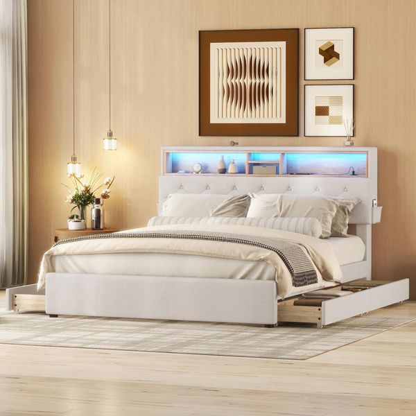 Letto Imbottito Flieks Con Usb E Rete A Doghe, Letto Matrimoniale 140X200Cm Letto Contenitore Con 4 Cassetti, Letto In Legno Massiccio Letto Funzionale Con Led, Biancheria Da Letto Giovanile, Beige-image