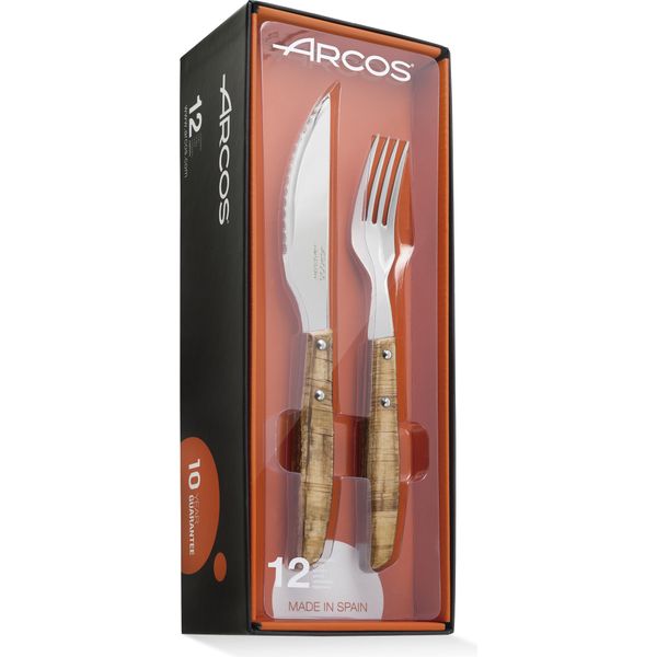 Set Di Posate Arcos Serie Mesa (6 Coltelli + 6 Forchette) -110 Mm Di Acciaio Inossidabile Nitrum -Manico In Legno Pressato Marrone, 12 Pezzi.-image