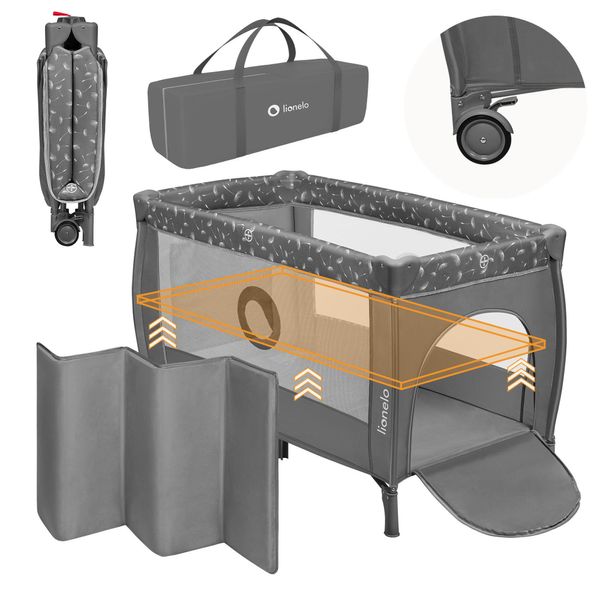Lionelo Stefi Plus 2-In-1 Lettino Da Viaggio E Box Fino A 15 Kg, Lettino Per Bambini, Lettino Da Viaggio Con Materasso, Ingresso Laterale Con Cerniera - Grigio Bianco-image