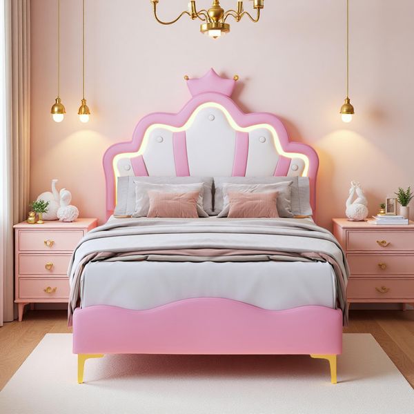 Letto Imbottito Fortuna Lai 90X200Cm, Letto Matrimoniale Per Bambini Con Testata A Forma Di Corona, Letto Per Ragazzi Letto In Legno Con Rete A Doghe, Pu, Rosa-image