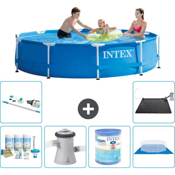 Piscina Intex Con Struttura Rotonda - 305 X 76 Cm - Blu - Pacchetto Manutenzione Incluso - Pompa Filtro Per Piscina - Filtro - Copertura Del Terreno - Aspirapolvere - Tappeto Solare-image
