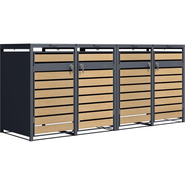 Axi Lucas Copribidone Spazzatura In Metallo Grigio/Aspetto Legno - Copri Bidone Spazzatura 4 Contenitore - Max. 240L - Copribidone Spazzatura Esterno Con Eccellente Ventilazione-image