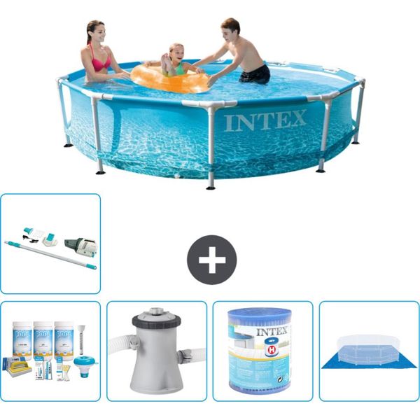 Piscina Intex Con Telaio Rotondo - 305 X 76 Cm - Pressione Dell'acqua - Pacchetto Di Manutenzione Incluso - Pompa Filtro Per Piscina - Filtro - Copertura Del Terreno - Aspirapolvere-image
