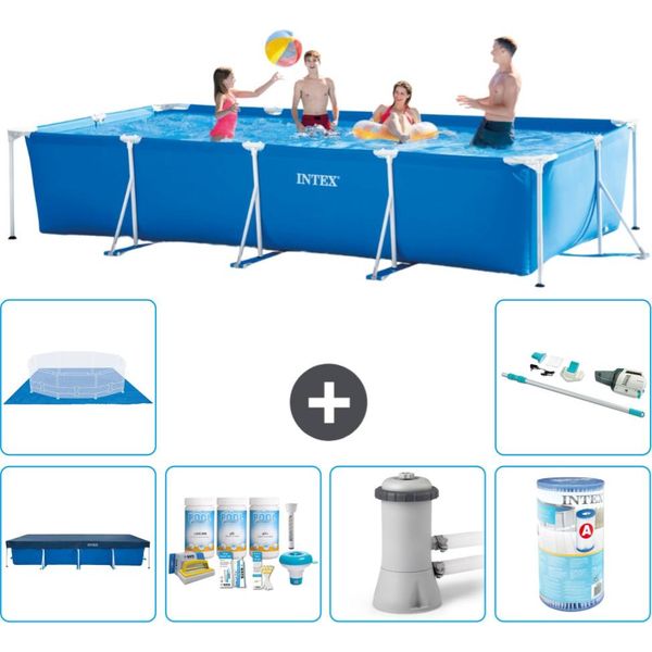 Piscina Intex Con Struttura Rettangolare - 450 X 220 X 84 Cm - Blu - Include Copertura - Pacchetto Manutenzione - Pompa Filtro Per Piscina - Filtro - Telo Di Fondo - Aspirapolvere-image