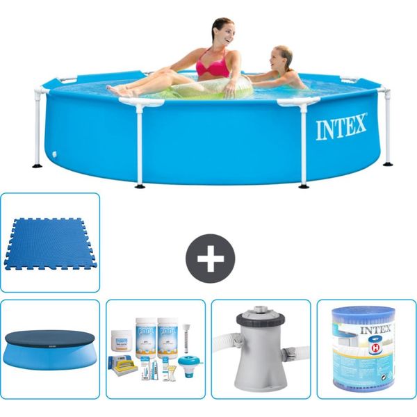 Piscina Intex Con Struttura Rotonda - 244 X 51 Cm - Blu - Include Copertura - Pacchetto Manutenzione - Pompa Filtro Per Piscina - Filtro - Piastrelle Per Il Pavimento-image
