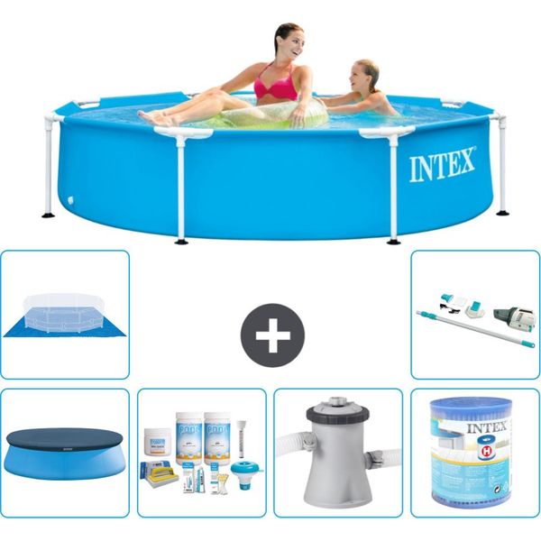 Piscina Intex Con Struttura Rotonda - 244 X 51 Cm - Blu - Include Copertura - Pacchetto Manutenzione - Pompa Filtro Per Piscina - Filtro - Telo Di Fondo - Aspirapolvere-image