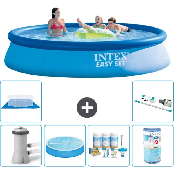 Piscina Gonfiabile Rotonda Intex Easy Set - 396 X 84 Cm - Blu - Incluso Tenda Con Pompa - Pacchetto Manutenzione - Filtro - Telo Di Fondo - Aspirapolvere-image