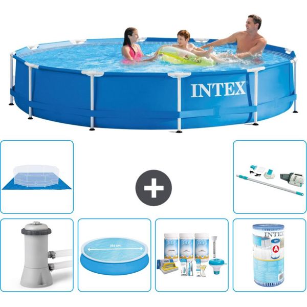Piscina Intex Con Struttura Rotonda - 366 X 76 Cm - Blu - Inclusa Pompa Tenda Da Sole - Pacchetto Manutenzione - Filtro - Telo Di Fondo - Aspirapolvere-image