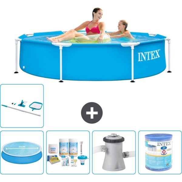 Piscina Intex Con Struttura Rotonda - 244 X 51 Cm - Blu - Include Tenda Da Sole - Pacchetto Manutenzione - Pompa Filtro Per Piscina - Filtro - Kit Pulizia-image