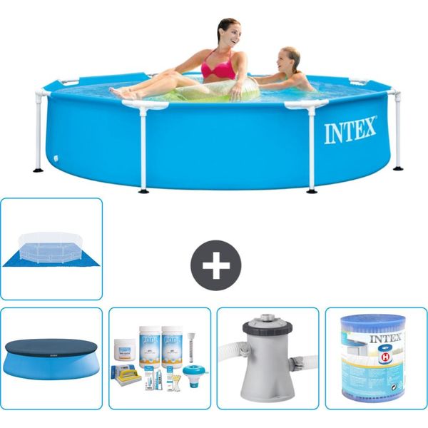 Piscina Intex Con Struttura Rotonda - 244 X 51 Cm - Blu - Include Copertura - Pacchetto Di Manutenzione - Pompa Filtro Per Piscina - Filtro - Copertura Del Terreno-image