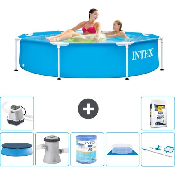Piscina Intex Con Struttura Rotonda - 244 X 51 Cm - Blu - Include Copertura - Pompa Filtro Per Piscina - Filtro - Copertura Del Terreno - Kit Di Pulizia - Sistema Ad Acqua Salata-image