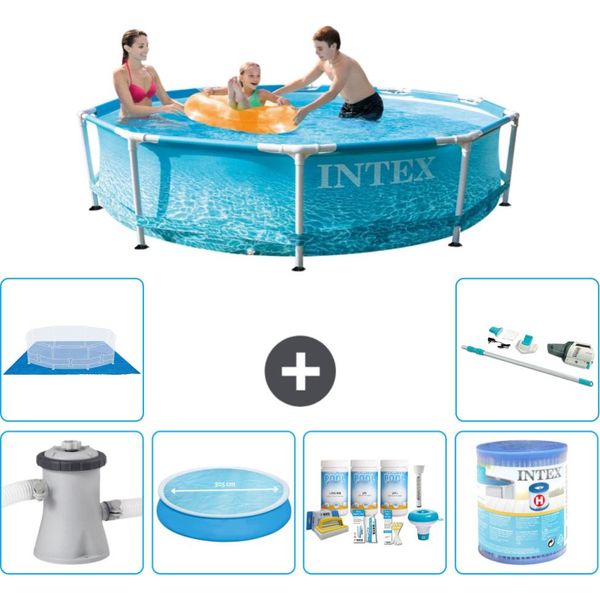 Piscina Intex Con Struttura Rotonda - 305 X 76 Cm - Pressione Dell'acqua - Tenda Da Sole Con Pompa Inclusa - Pacchetto Manutenzione - Filtro - Telo Di Fondo - Aspirapolvere-image