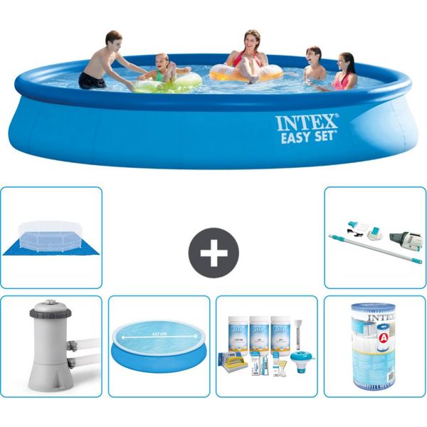Piscina Gonfiabile Rotonda Intex Easy Set - 457 X 84 Cm - Blu - Incluso Tenda Con Pompa - Pacchetto Manutenzione - Filtro - Telo Di Fondo - Aspirapolvere-image