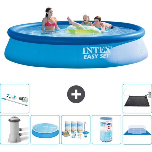 Piscina Gonfiabile Rotonda Intex Easy Set - 396 X 84 Cm - Blu - Incluso Tenda Con Pompa - Pacchetto Manutenzione - Filtro - Telo Di Fondo - Aspirapolvere - Tappeto Solare-image