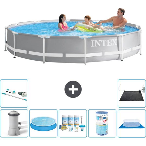 Piscina Intex Round Prism Frame - 366 X 76 Cm - Grigio - Pompa Inclusa - Tenda Da Sole - Pacchetto Manutenzione - Filtro - Telo Di Fondo - Aspirapolvere - Tappeto Solare-image