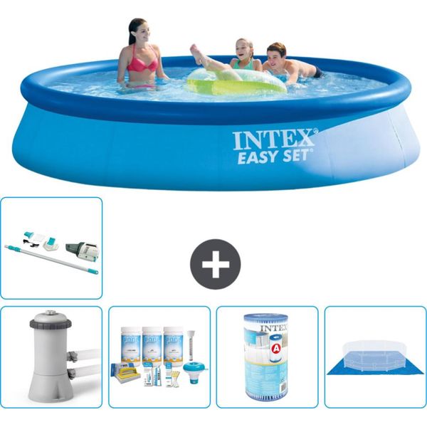 Piscina Gonfiabile Rotonda Intex Easy Set - 396 X 84 Cm - Blu - Incluso Pacchetto Manutenzione Pompa - Filtro - Telo Di Fondo - Aspirapolvere-image