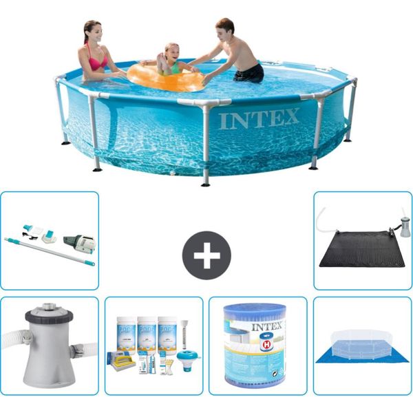 Piscina Intex Con Struttura Rotonda - 305 X 76 Cm - Pressione Dell'acqua - Pacchetto Manutenzione Pompa Incluso - Filtro - Telo Di Fondo - Aspirapolvere - Tappeto Solare-image