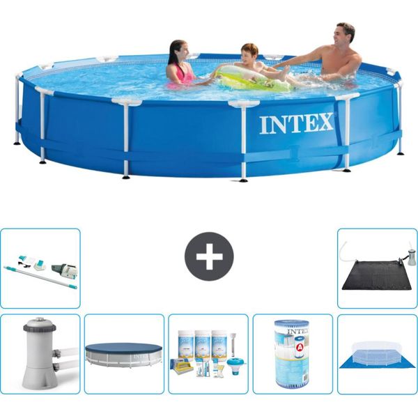Piscina Intex Con Struttura Rotonda - 366 X 76 Cm - Blu - Inclusa Copertura Della Pompa - Pacchetto Manutenzione - Filtro - Telo Di Fondo - Aspirapolvere - Tappeto Solare-image