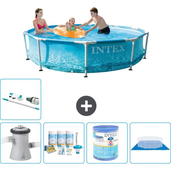 Piscina Intex Con Struttura Rotonda - 305 X 76 Cm - Pressione Dell'acqua - Pacchetto Di Manutenzione Della Pompa Incluso - Filtro - Telo Per Pavimento - Aspirapolvere-image