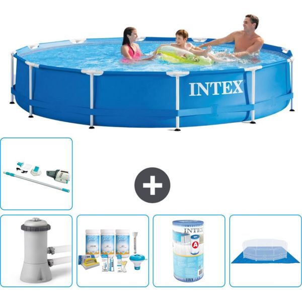 Piscina Intex Con Struttura Rotonda - 366 X 76 Cm - Blu - Pacchetto Manutenzione Pompa Incluso - Filtro - Telo Di Fondo - Aspirapolvere-image