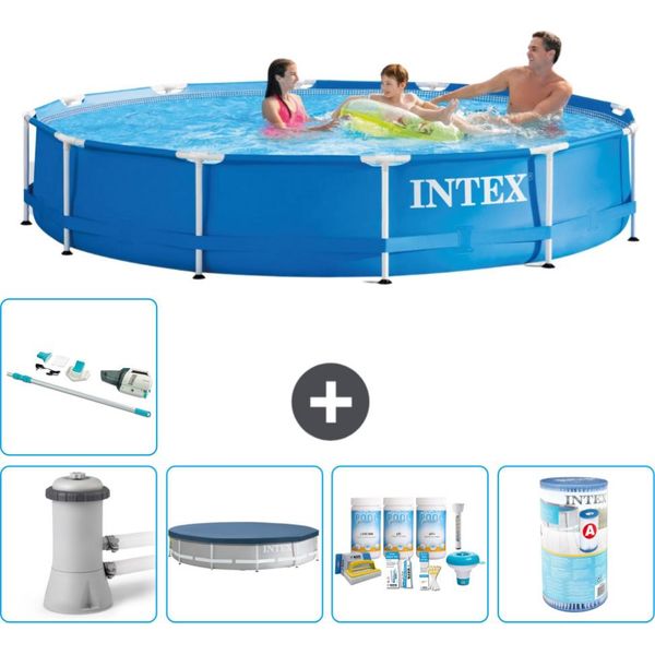 Piscina Intex Con Struttura Rotonda - 366 X 76 Cm - Blu - Inclusa Copertura Della Pompa - Pacchetto Manutenzione - Filtro - Aspirapolvere-image