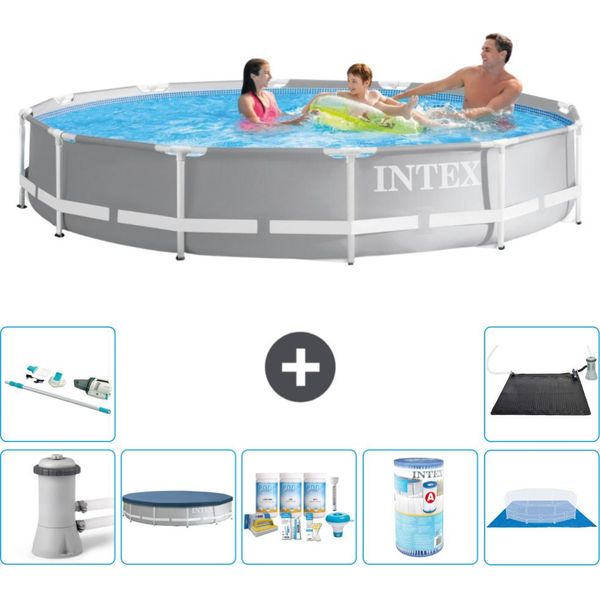 Piscina Intex Round Prism Frame - 366 X 76 Cm - Grigio - Inclusa Copertura Pompa - Pacchetto Manutenzione - Filtro - Copertura Del Terreno - Aspirapolvere - Tappetino Solare-image