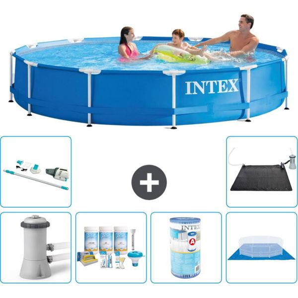Piscina Intex Con Struttura Rotonda - 366 X 76 Cm - Blu - Incluso Pacchetto Manutenzione Pompa - Filtro - Telo Di Fondo - Aspirapolvere - Tappeto Solare-image