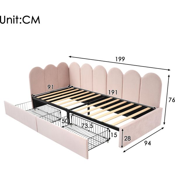Letto Imbottito Letto Singolo Con Cassetti, Daybed Divano Letto 90X190Cm, Letto Contenitore Con Rete A Doghe, Letto Per Ragazzi E Adulti Per Bambini, Velluto, Rosa (Senza Materasso)-image