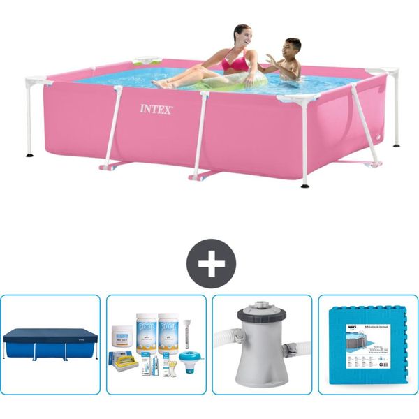 Piscina Intex Con Struttura Rettangolare - 220 X 150 X 60 Cm - Rosa - Include Copertura - Pacchetto Manutenzione - Pompa Filtro Per Piscina - Piastrelle Per Pavimento-image