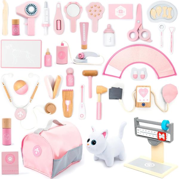 Umu® Set Veterinario In Legno Per Bambini 37 Pezzi - Giocattolo Per Piccoli Veterinari Di 2, 3, 4, 5 Anni - Rosa-image