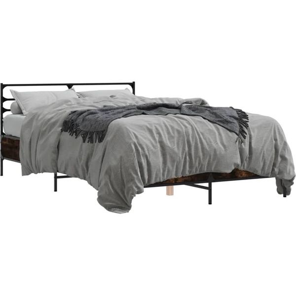 Vidaxl Struttura Letto In Rovere Affumicato 135X190 Cm Materiale A Base Di Legno E Metallo-image