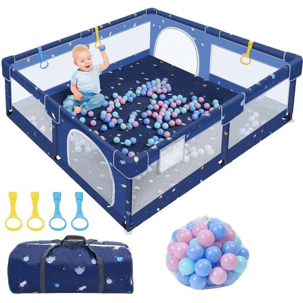Yuenfong Box Per Bambini, Box Per Bambini 150X180Cm, Griglia Barriera Con Rete Traspirante Griglia Protettiva Griglia Per Gattonare Per Bambini, Set Box Per Bambini Con Palla Sicurezza Parco Giochi Stalle Blu-image