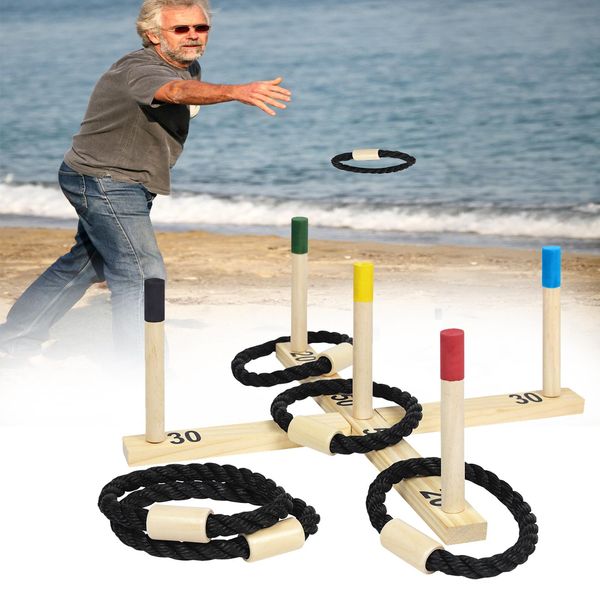 Yuenfong Set Di Gioco Di Lancio In Legno Con 5 Anelli Di Corda, Gioco Di Lancio All'aperto Per Il Divertimento All'interno E All'esterno, Gioco Di Lancio Dell'anello Per La Famiglia, 49,5X3,7X1,8Cm-image